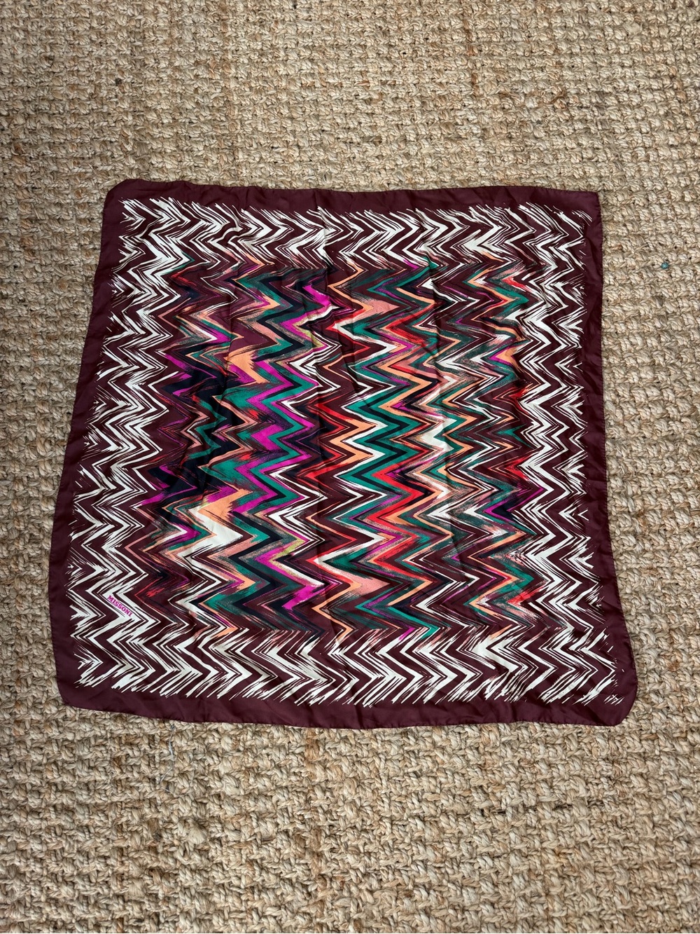 Missoni Multicolor Zigzag Silk Scarf with Deep Burgundy Border